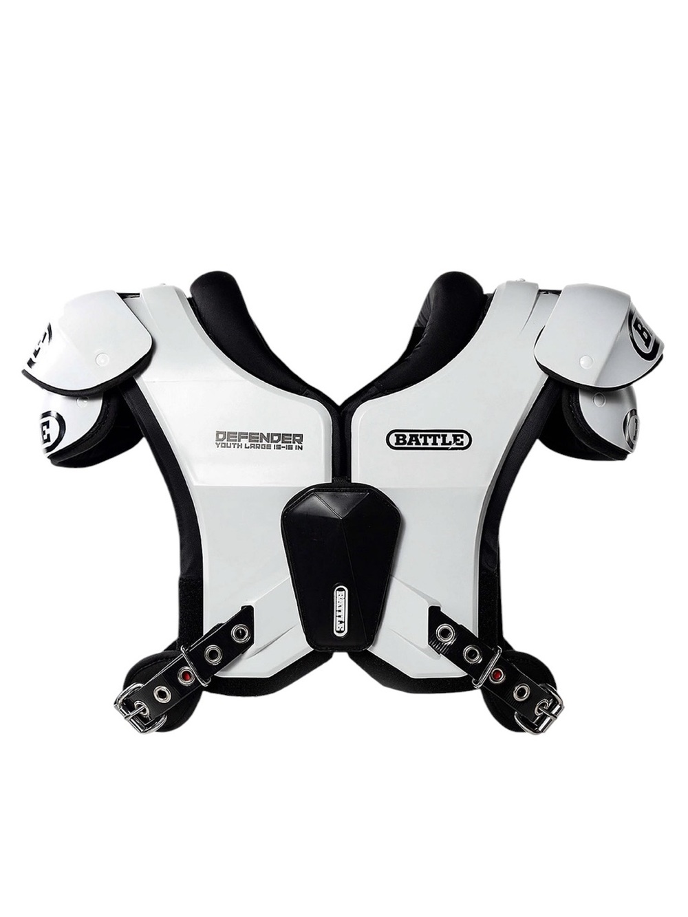 Battle Defender Youth Football Shoulder Pads—Youth Large (15–16”) | White/Black